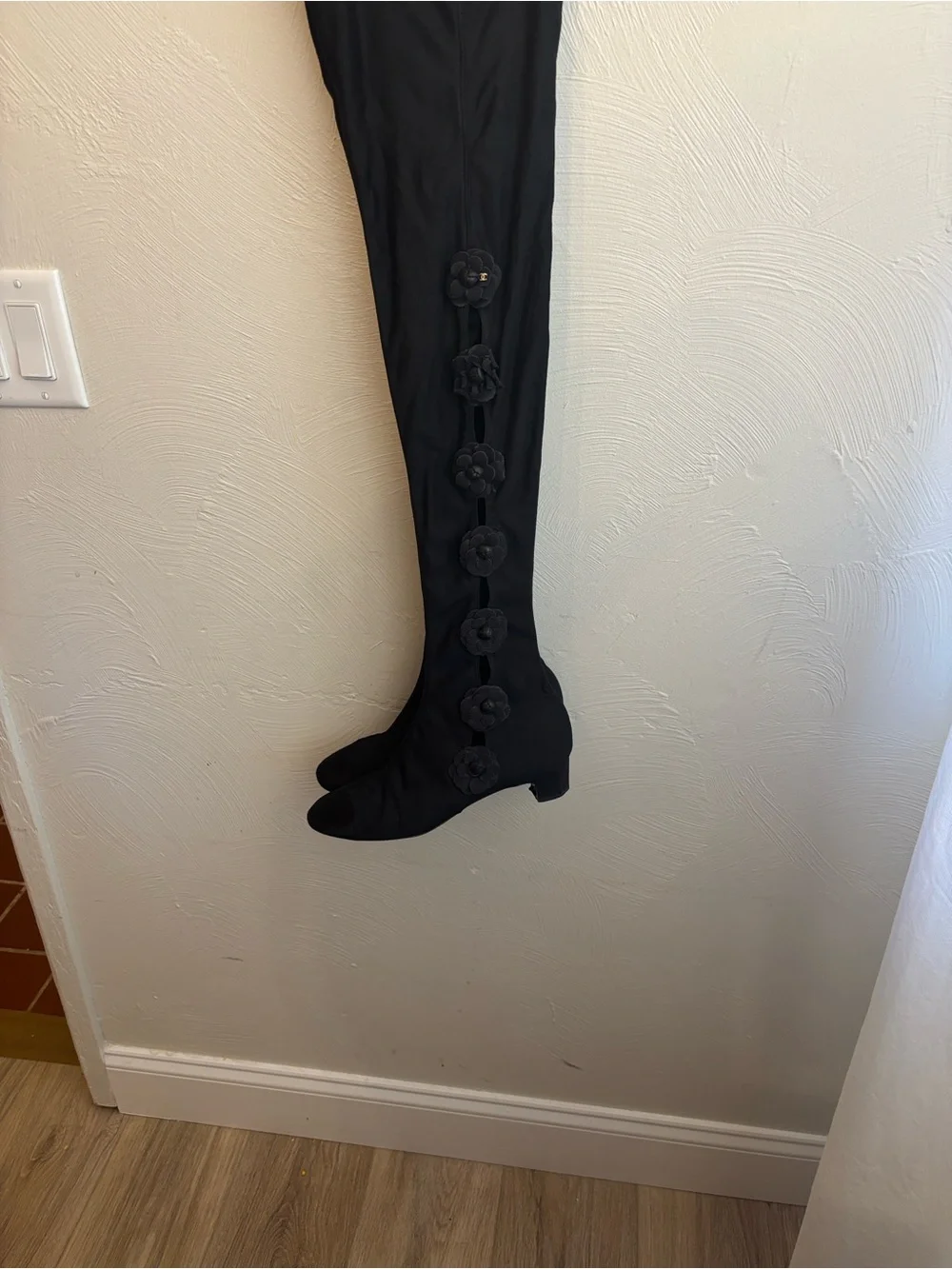 Chanel Camellia Flower Boots -thigh, highs black signature